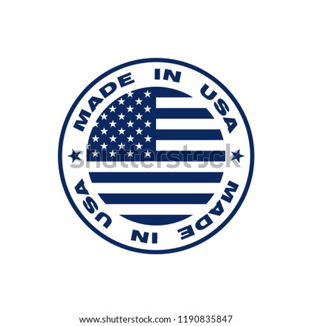 Stamp with text made in USA. Logo american quality. Seal  flag USA in circle. Icon premium quality. Label made in USA. Vector illustration