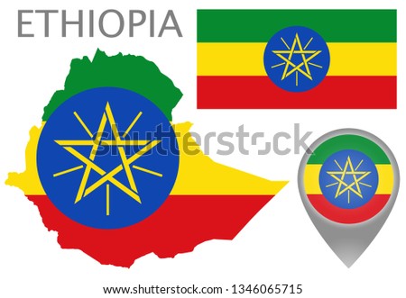 Colorful flag, map pointer and map of Ethiopia in the colors of the Ethiopian flag. High detail. Vector illustration
