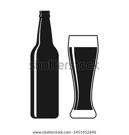 Beer bottle and glass graphic icon. Beer bottle and glass sign isolated on white background. Vector illustration