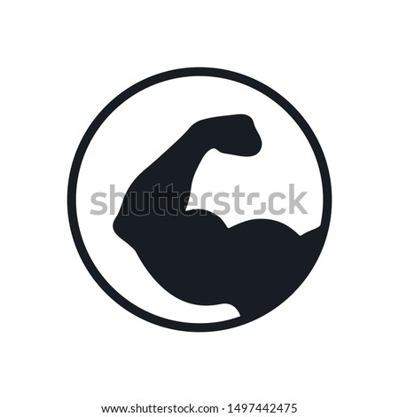 Strong hand graphic icon. Brawny hand sign in the circle  isolated on white background. Bodybuilding and fitness symbol. Logo. Vector illustration