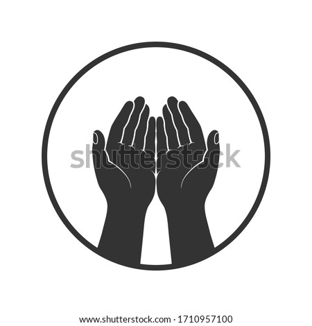 Gesture of the hands folded in prayer graphic icon. Hands cupped together sign in the circle isolated symbol on white background. Vector illustration