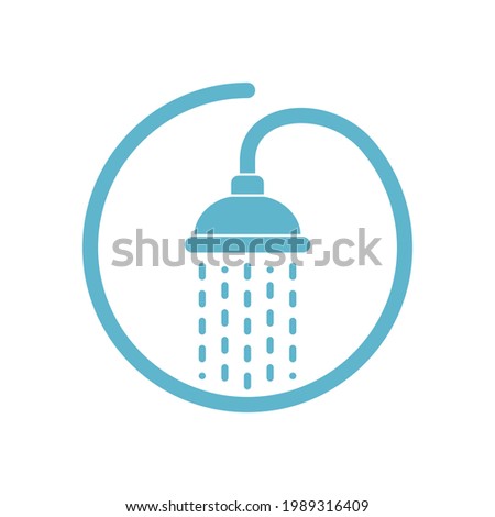 Shower head with trickles water. Sign douche in the circle isolated on white background. Shower or bathroom symbol. Vector illustration