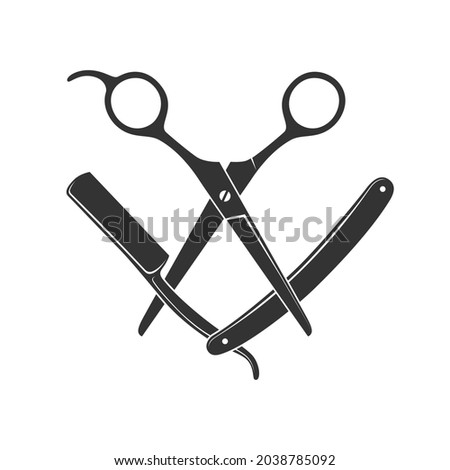 Scissors and straight razor graphic icon. Sign crossed scissors and razor isolated on white background. Barbershop symbols. Vector illustration