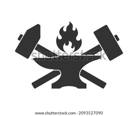 Blacksmith shop graphic label. Forge symbol with forging tools including hammers, anvil and fire. Vector illustration Stock fotó © 