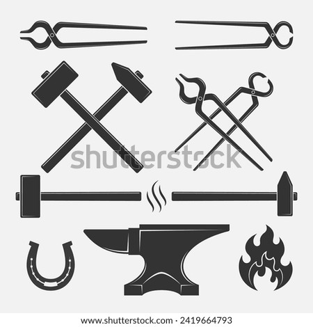 Blacksmith tools graphic icons set. Forging tools signs  collection isolated on white background. Smithy symbols. Vector illustration