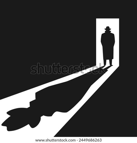 Detective is standing in the open doorway. Detective or spy graphic symbol. Shadow on the floor dark room from the silhouette of a man. Vector illustration