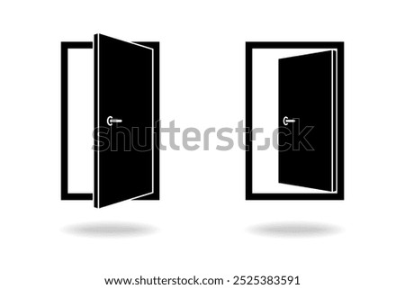 Two doors graphic icons. Open doors signs isolated on white background. Entrance or exit symbols. Vector illustration