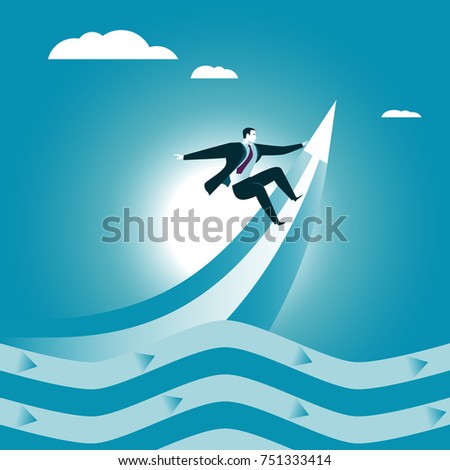 Businessman catches a rising wave carrying it to success. Business concept. Vector illustration