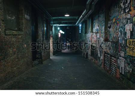 Darkness in a old grunge dirty street in the middle of night