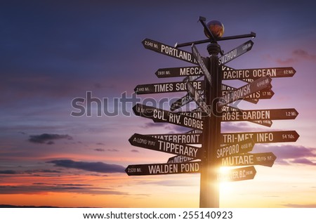 World Landmarks Signpost containing various famous places all over the world, with colorful sunset in the background and free copy space for your text
