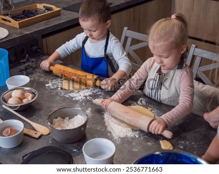 Similar – Image, Stock Photo Cheerful siblings mixing dough together in kitchen