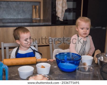Similar – Image, Stock Photo Cheerful siblings mixing dough together in kitchen