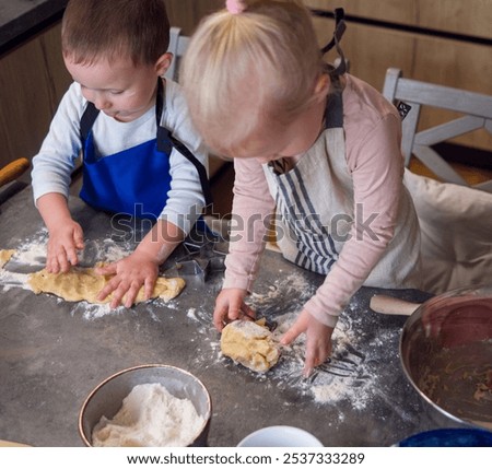 Similar – Image, Stock Photo Siblings kneading dough in kitchen