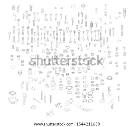 Nuts, Bolts & Screws Collection, Isometric View, Technical Illustration, Cotter Pin, Vector Machine Screws, Angle, 3D, Hex Head, Phillips, Flathead, Exploded Diagram, Engineering Drawing, Line Art