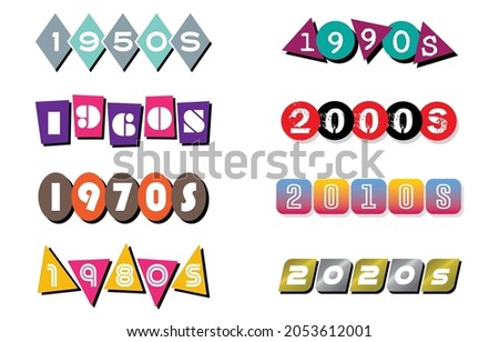 Decade Banners and Labels for the 1950s, 1960s, 1970s, 1980s, 1990s, 2000s, 2010s, and  2020s | Illustrated Year Headers | History of Graphic Design Infographic | Era Clipart | 20th Century Resources