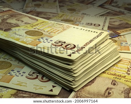 Money of Bulgaria. Bulgarian lev bills. BGN banknotes. 50 levove. Business, finance, news background. 3d illustration. Photo stock © 