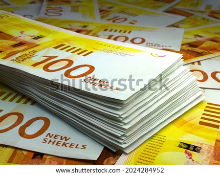 Money of Israel. Israeli new shekel bills. ILS banknotes. 100 shekels. Business, finance, news background. 3d illustration. Foto d'archivio © 