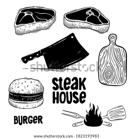 Vector illustration of a steak, burger, cleaver, cutting board and grilling tools. Steak house, hand drawn beef steak and burger. Design elements for restaurant. Vector illustration poster.