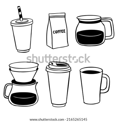 Hand drawn set of coffee icons. Doodle vector illustration.