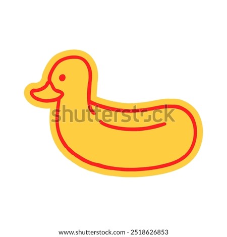 Hand-drawn yellow inflatable lifebuoy in the shape of a duck. Fun and playful sticker symbolizing help, safety, and summer vibes. Vector illustration for creativity, relaxation, and problem-solving.