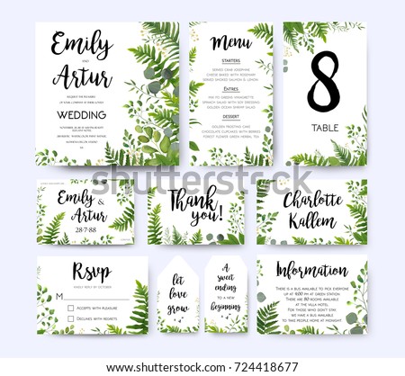 Wedding invite, invitation menu rsvp thank you card vector floral greenery design: Forest fern frond, Eucalyptus branch green leaves foliage herbs greenery berry frame border. Watercolor template set 
