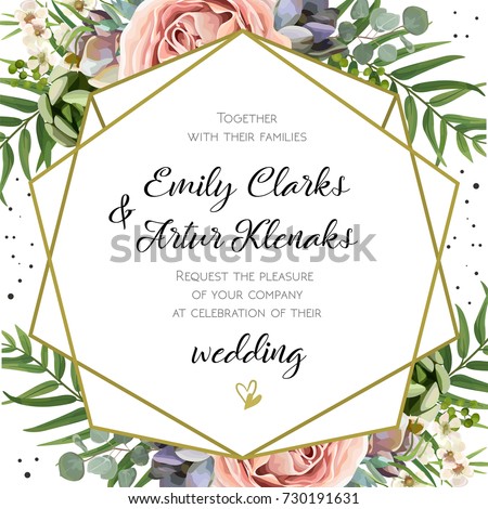 Wedding Invitation, floral invite card Design: Peach lavender pink garden Rose, succulent, wax, eucalyptus, green palm leaves, forest fern greenery geometric golden frame print. Vector cute copy space