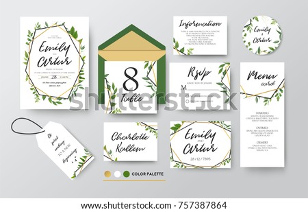 Wedding invite, menu, rsvp, thank you label save the date card Design with forest green leaves various greenery foliage, eucalyptus, fern & golden geometric frame. Vector rustic delicate chic layout 
