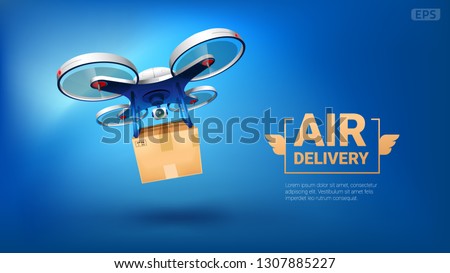 Realistic vector quadcopter with a portable camera on a blue background. Delivery of a cardboard box drone by air. EPS 10.