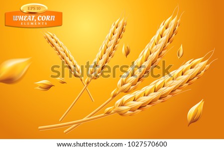 Detailed wheat ears, oats or barley isolated on a yellow background. Natural ingredient element. Healthy food or agriculture, bread or crop theme. Vector realistic 3d illustration. Stock foto © 
