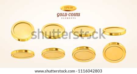 Vector empty 3d gold coins set isolated on background in different positions. Rain of golden coins. Falling or flying money. Bingo jackpot or casino poker or win element. Cash treasure concept.