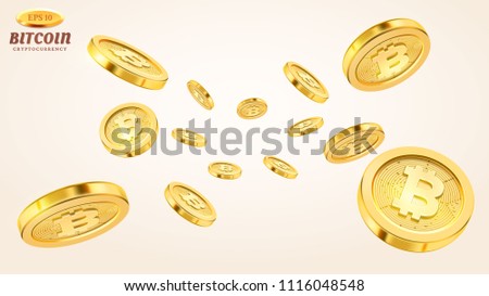 Cryptocurrency concept or electronic payments. Vector technology 3d illustration. Realistic gold coins explosion or splash on white background. Rain of golden bitcoins. Falling or flying money.