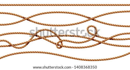 Set of isolated curvy 3d ropes. Straight and tied up sailor strings. Realistic marine cord or retro, vintage navy thread. Twisted hemp or jute nautical line with knot, intertwined loop. Whipcord