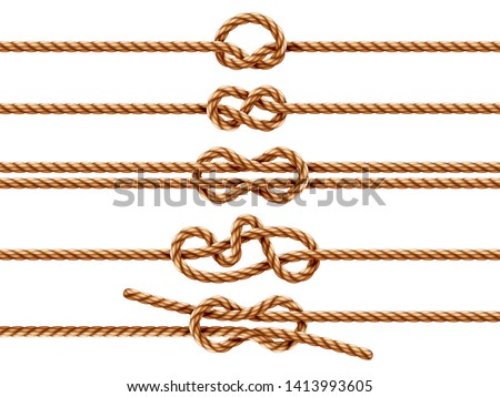 Set of isolated ropes with different knot types. Nautical thread or cord with sheet bend and overhand, granny and figure eight, square or reef knot. Two ropes knotted or whipcord intertwined. Marine