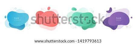 Red flat shape and green fluid blob, blue liquid stain and violet geometric form. Set of isolated abstract aqua spot with gradient or dynamic color. Background for card or template design for flyer. Foto d'archivio © 