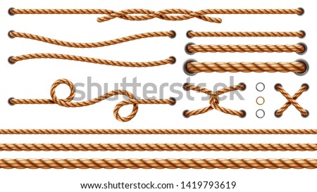 Set of isolated straight ropes and tied cross strings, realistic navy thread through metallic holes. Intertwined navy 3d cord. Vintage brown looped fiber with knot and noose. Nautical twisted whipcord