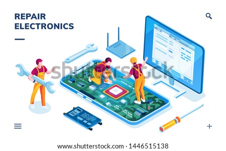 Isometric page for electronics repair service. Worker with wrench and serviceman repairing smartphone board, technician doing cellular phone data restoration. Maintenance center application,fixing app