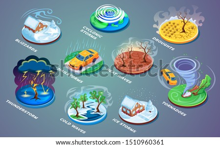 Meteorological disaster or extreme weather, natural catastrophe or cataclysm, rain or wind problem. Thunder and ice, cyclonic and hail storm, heat and cold wave, tornado and blizzard, drought, drouth