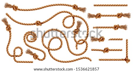 Set of isolated knotted ropes with tassels or realistic cords with brush and knot. Nautical 3d thread or realistic hemp whipcord with loops and noose. Twisted and braided, folded, spiral fiber.
