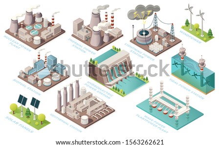 Alternative energy and power plants and green electric energy generation stations, vector isometric icons. Solar panels, bio fuel, thermal or geothermal, nuclear, tidal and water wave power stations