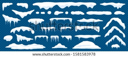 Snow caps, snowy ice and frozen icicles, vector cartoon icons, isolated on transparent background. Abstract snow frost caps and icicles of house roof shape for Christmas and New Year elements design