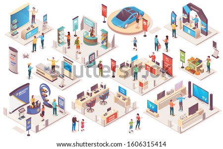 Expo center and trade show exhibition product display stands, vector isometric icons. Promo trade exposition demo stands and showcase booth racks or information desks, visitors and consultants people