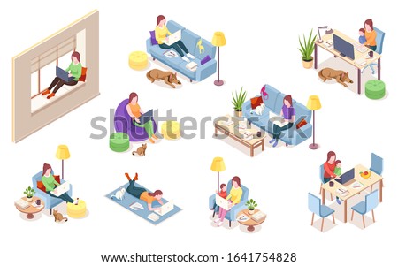 Set of isolated vector woman at workplace. Girl with notebook sitting in chair bag, windowsill, sofa desk with computer, lying on floor. Freelancer working with dog, cat, pet.Isometric office employee