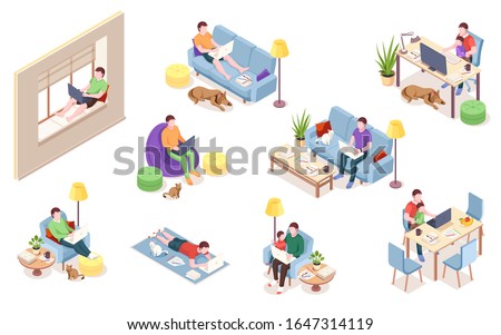 Set of office employee at workplace, man working with notebook and computer. Freelancer doing remote job near cat, dog, pet. Male on windowsill, carpet, sofa. Profession, job, freelance worker