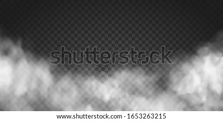 Vector realistic smoke cloud or gray fog, rocket or missile launch pollution. Abstract gas on transparent background, vapor machine steam or explosion dust, dry ice effect, condensation, fume