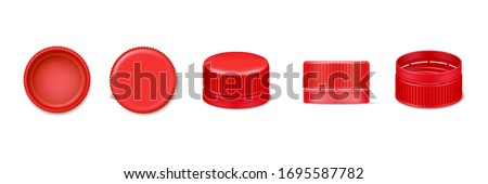 Set of isolated 3d bottle cap or vector realistic lid for water. Red beverage cover from top and bottom, side view. Design of plastic element for liquid cover. Garbage and recycle, fluid container Stock foto © 