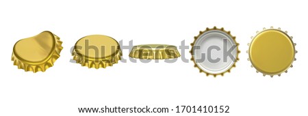 Realistic beer or lemonade bottle cap, metallic lid for glassware bottle of drink. Set of top and bottom, side view on container cover with dent. Beverage and drinking, fluid vector objects design Stock foto © 
