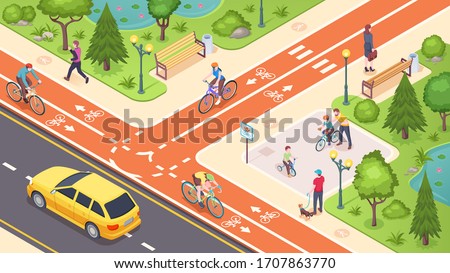 Bicycle path and bike road lane in city street, vector isometric illustration. Urban traffic road lane with biking, pedestrian and transport path, crossing marking and children bicycle playground
