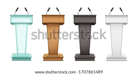 Podium tribunes, vector realistic isolate set on white background. Speaker tribunes, ceremony, presentation or debates speech podiums with microphones of glass, brown and black wood