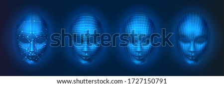 Set of isolated human or robot, artificial intelligence faces with dots and lines. Facial scan with AI, head verification technology, recognition concept. Bionic and futuristic human id scan.