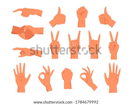 Set of vector hand gesture. Non verbal palm symbol. Clenched or raised fist, finger pointing or touch, thumb up, handshake, sign of horns or rock, high five, victory or peace, ok, good. Human gestures